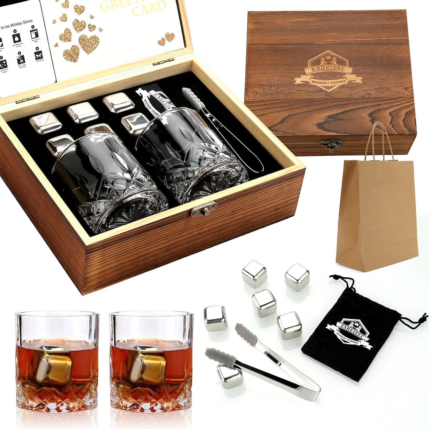 Whiskey Stones and Glass Gift Set for Dad, Husband, Men