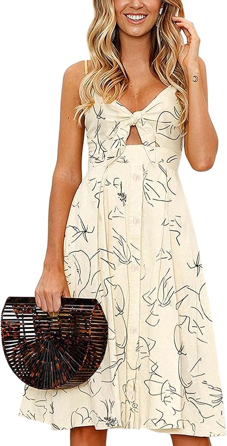 ECOWISH Women Dresses Summer Tie Front V-Neck Spaghetti Strap