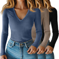 Women Long Sleeve V Neck Ribbed Tops 3-Pack - Cotton Slim Fit