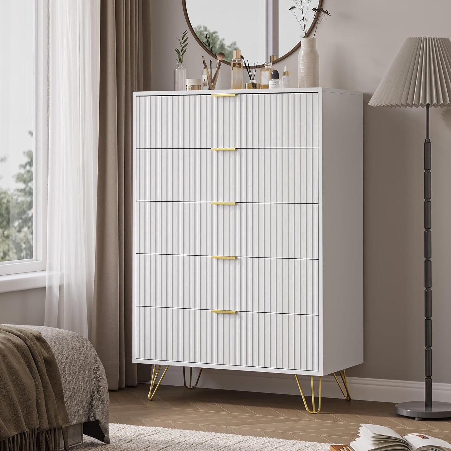 5 Drawers Dresser for Bedroom with Gold Handles and Fluted Design