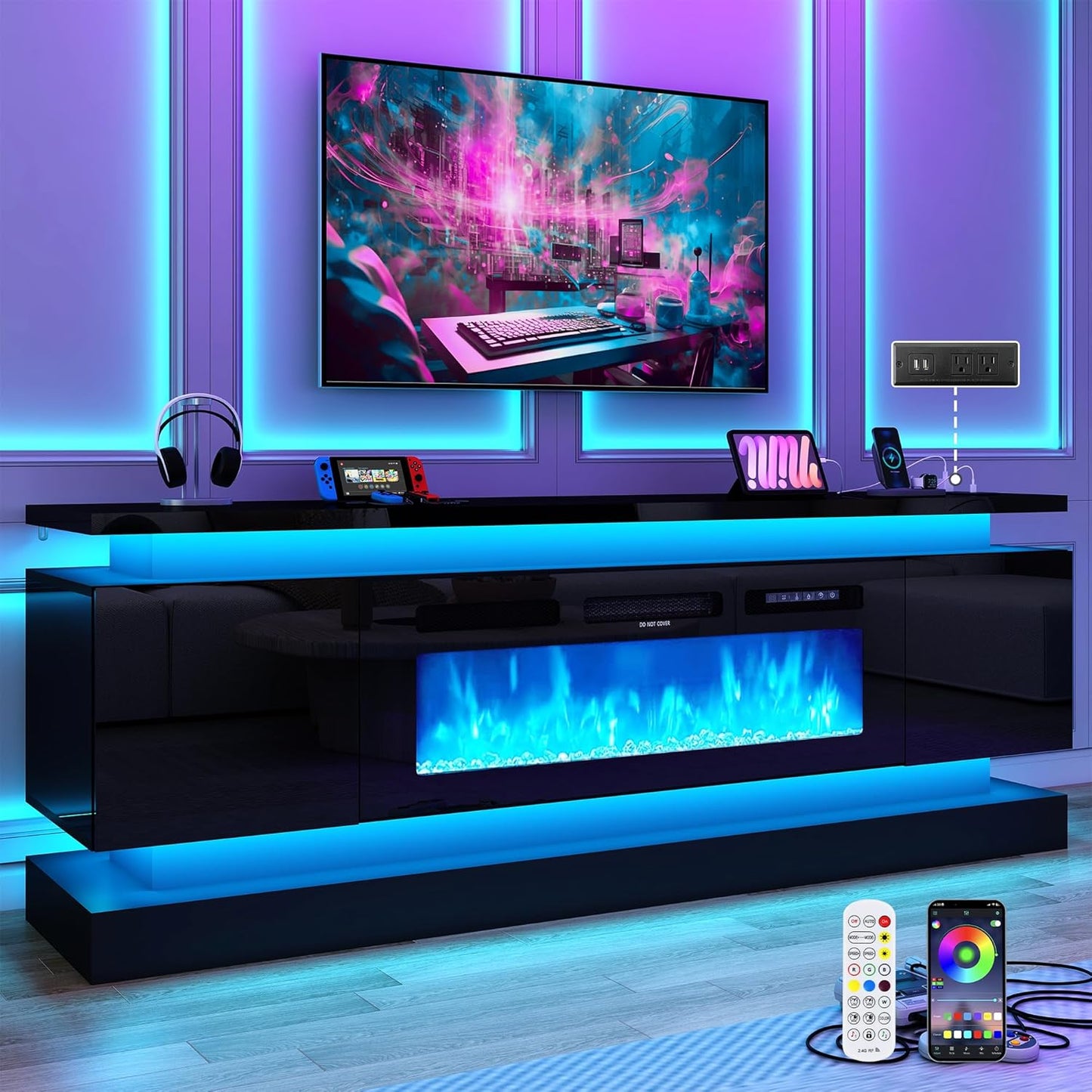 Modern 71 High Gloss TV Stand with Electric Fireplace