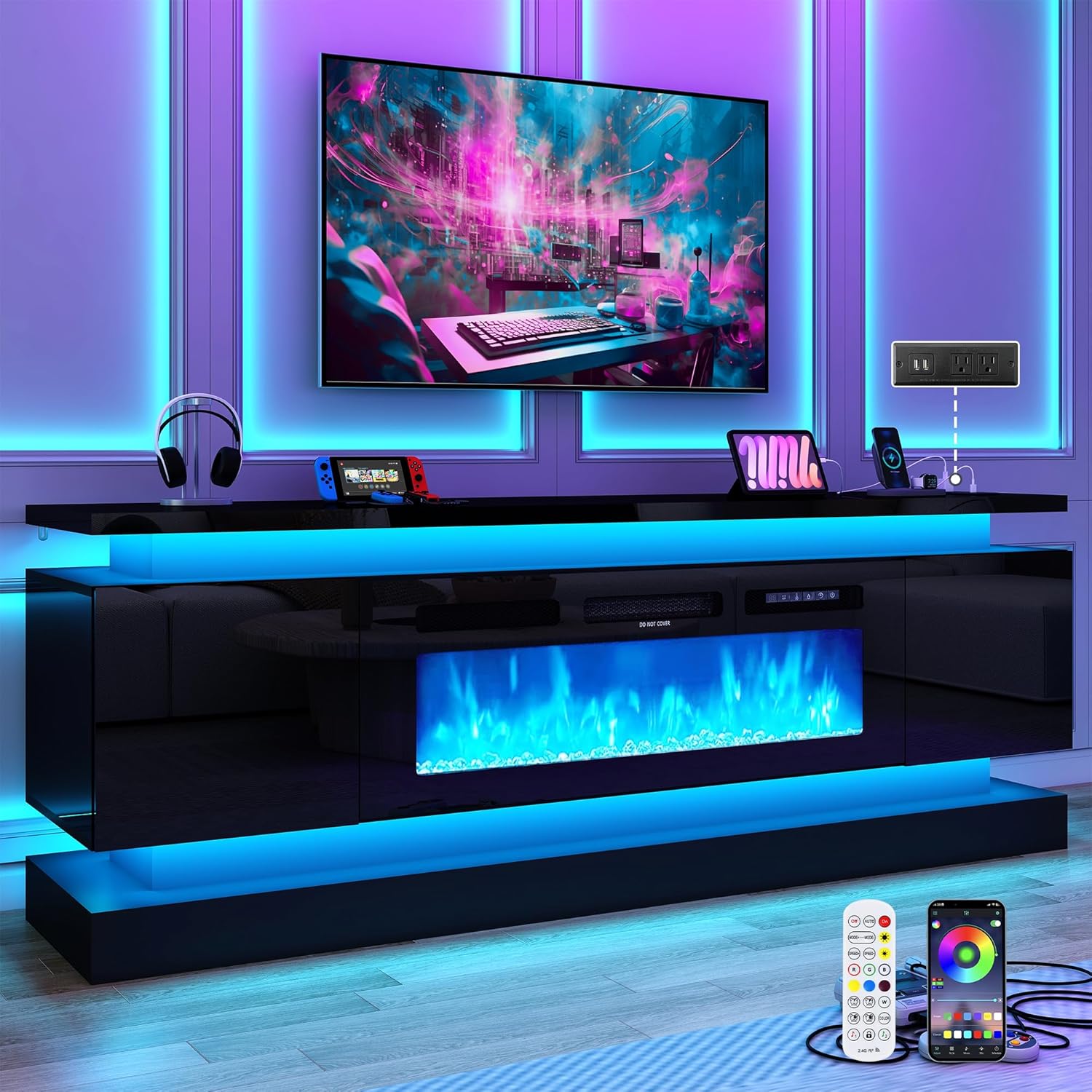 Modern 71 High Gloss TV Stand with Electric Fireplace