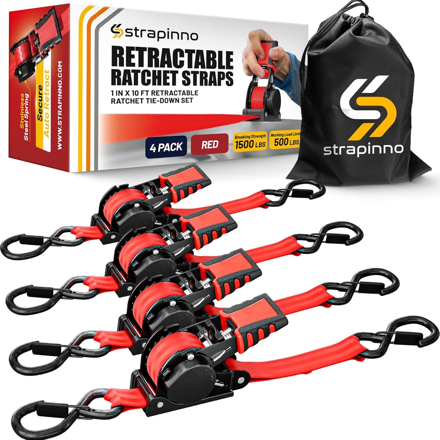 Strapinno Retractable Ratchet Straps 1 in x 10 ft for Easy Hauling