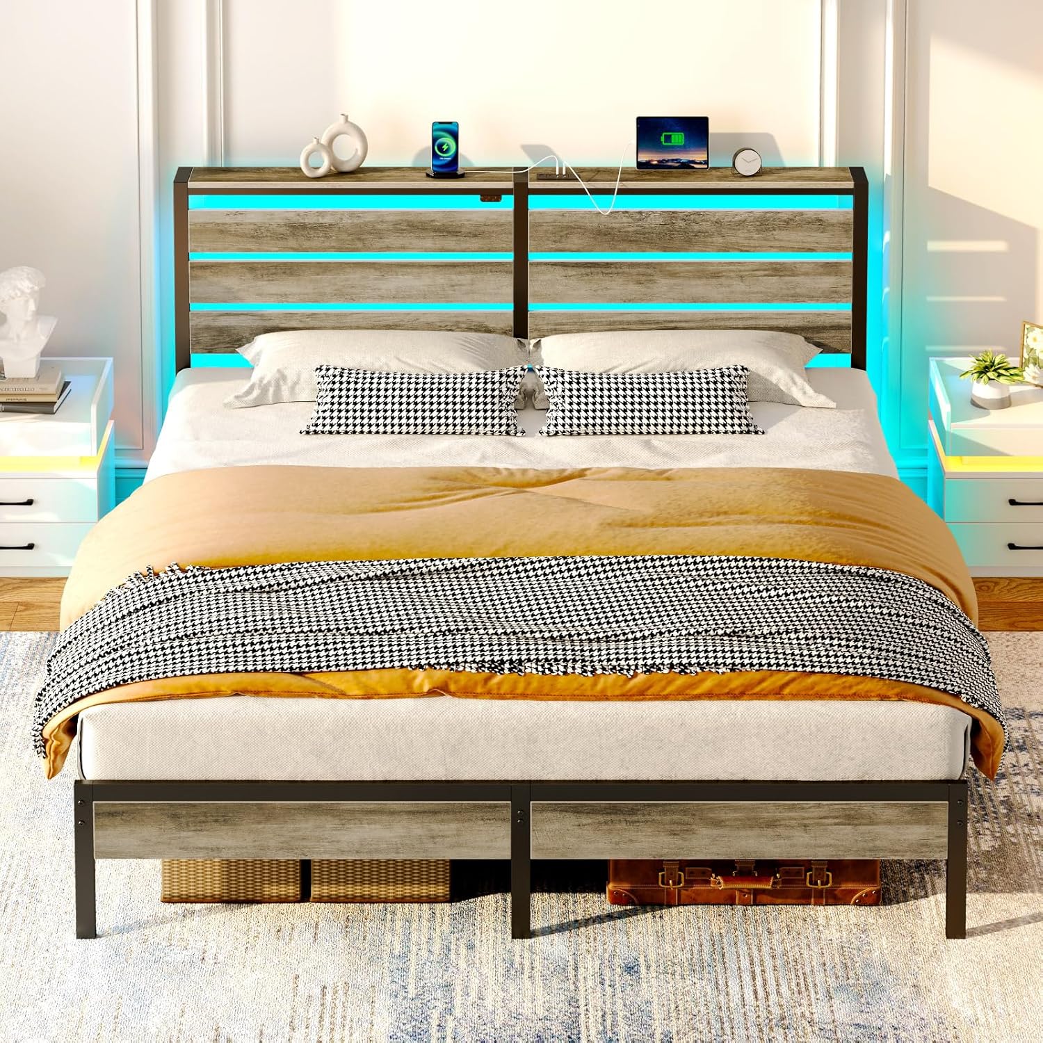 Rolanstar King Size Bed Frame with USB Charging Station and LED