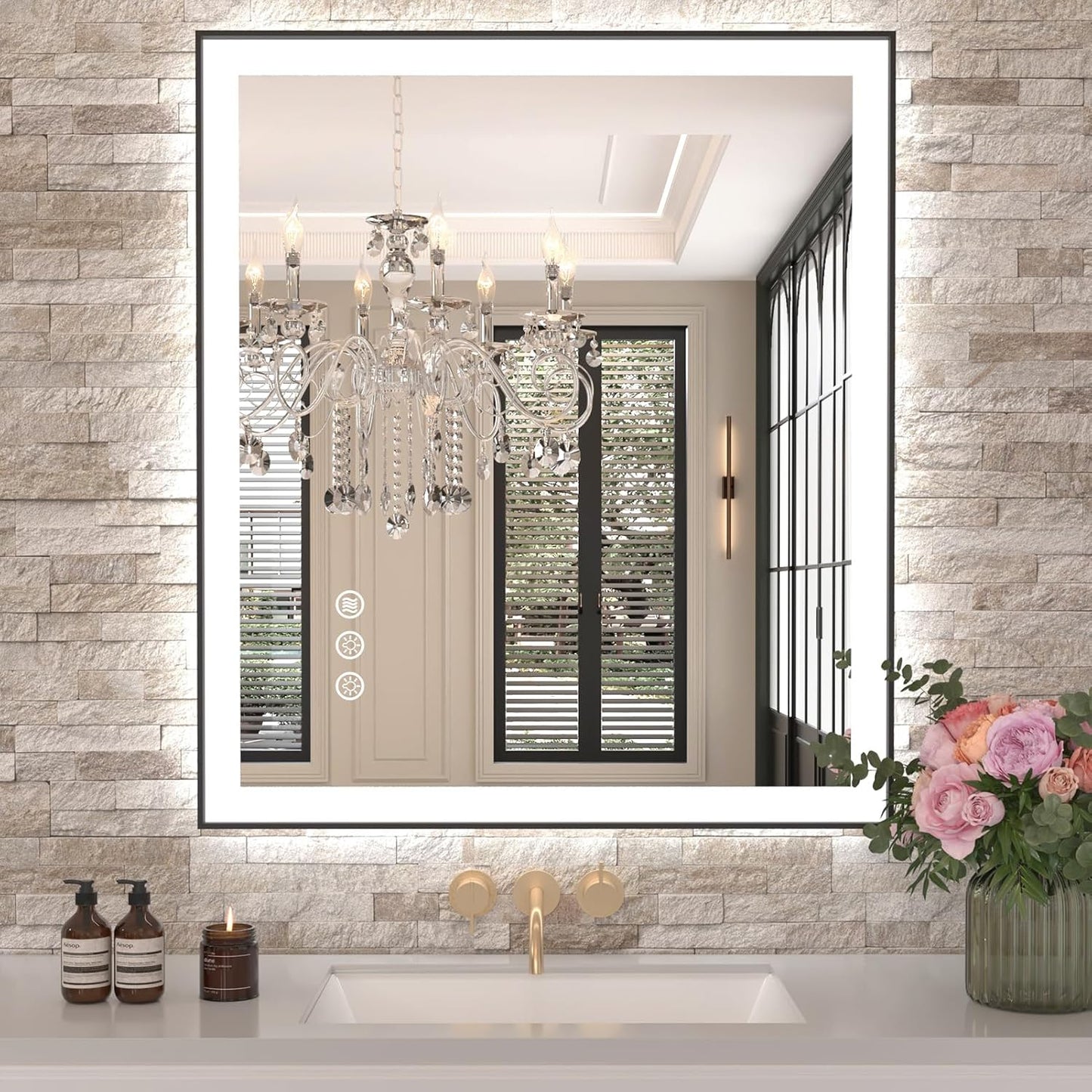 28x32 LED Bathroom Mirror with Black Frame and Anti-Fog Feature