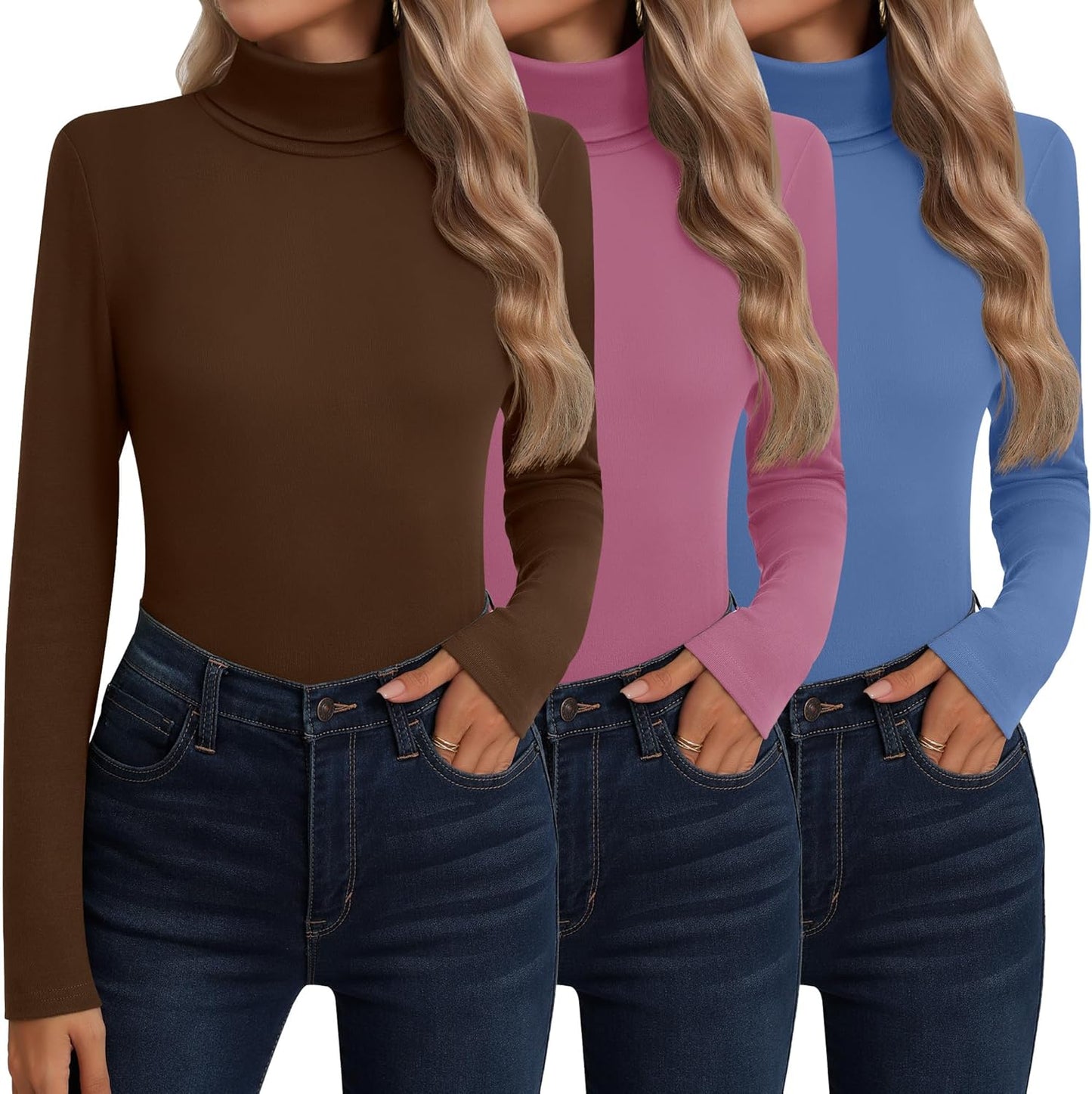 Neer 3 Pack Cotton Women's Turtleneck Long Sleeve Tops
