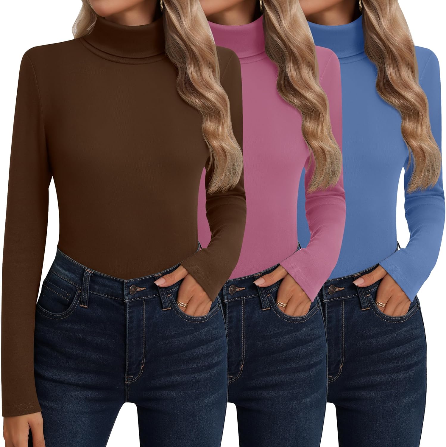 Neer 3 Pack Cotton Women's Turtleneck Long Sleeve Tops