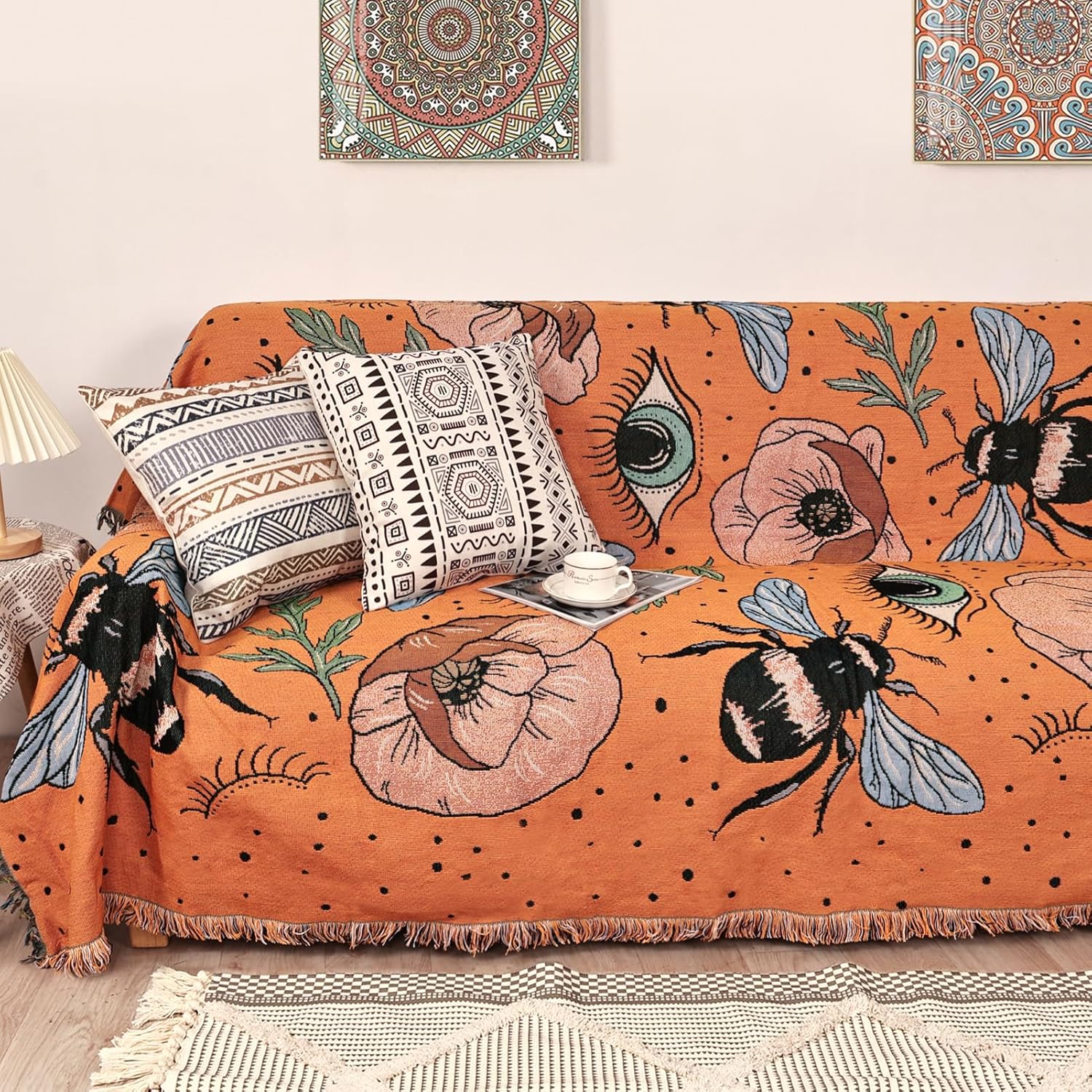 Boho Throw Blanket for Bed Couch Sofa Reversible Cotton Quilt