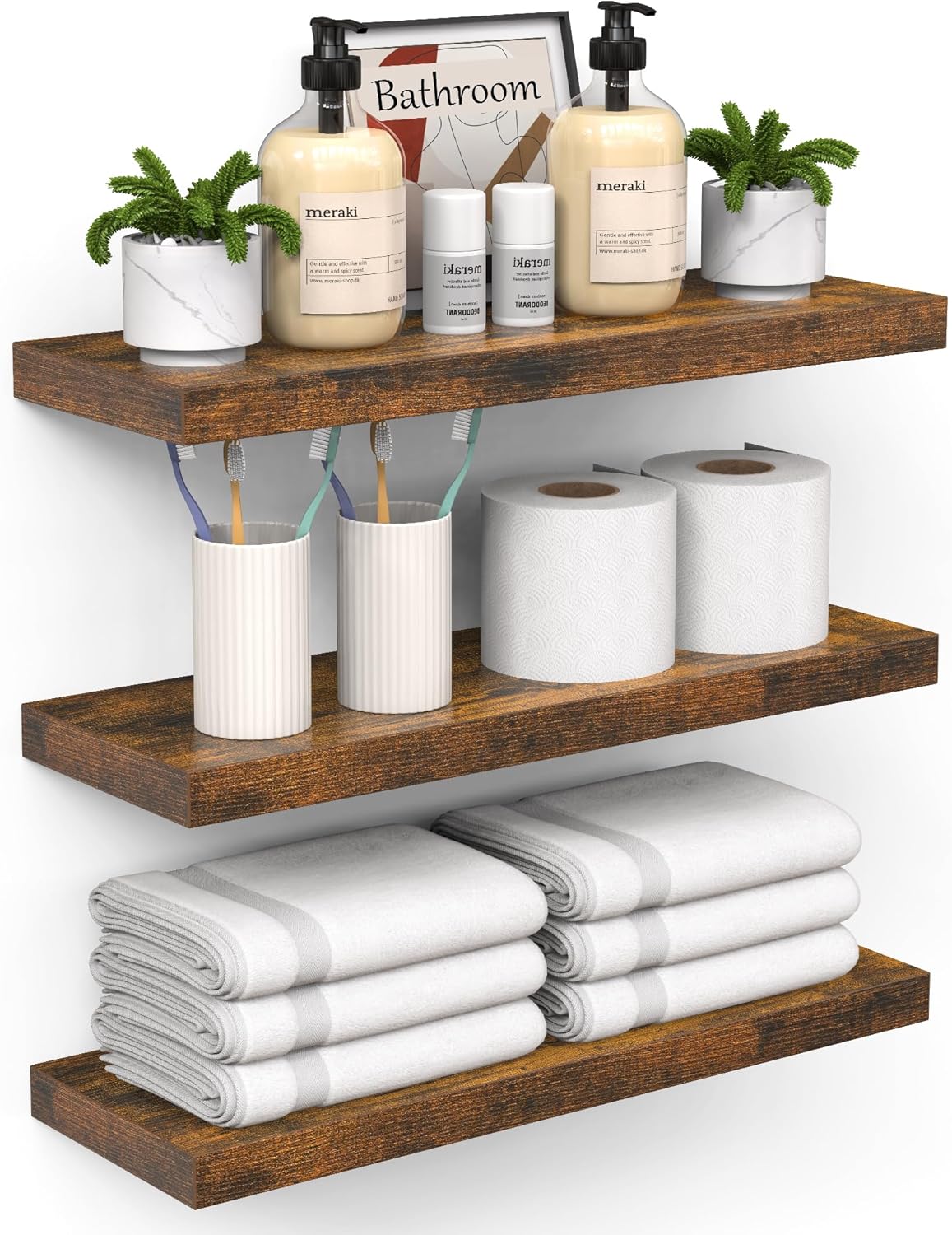 BAYKA Floating Shelves for Bathroom, Rustic Wood Set of 3