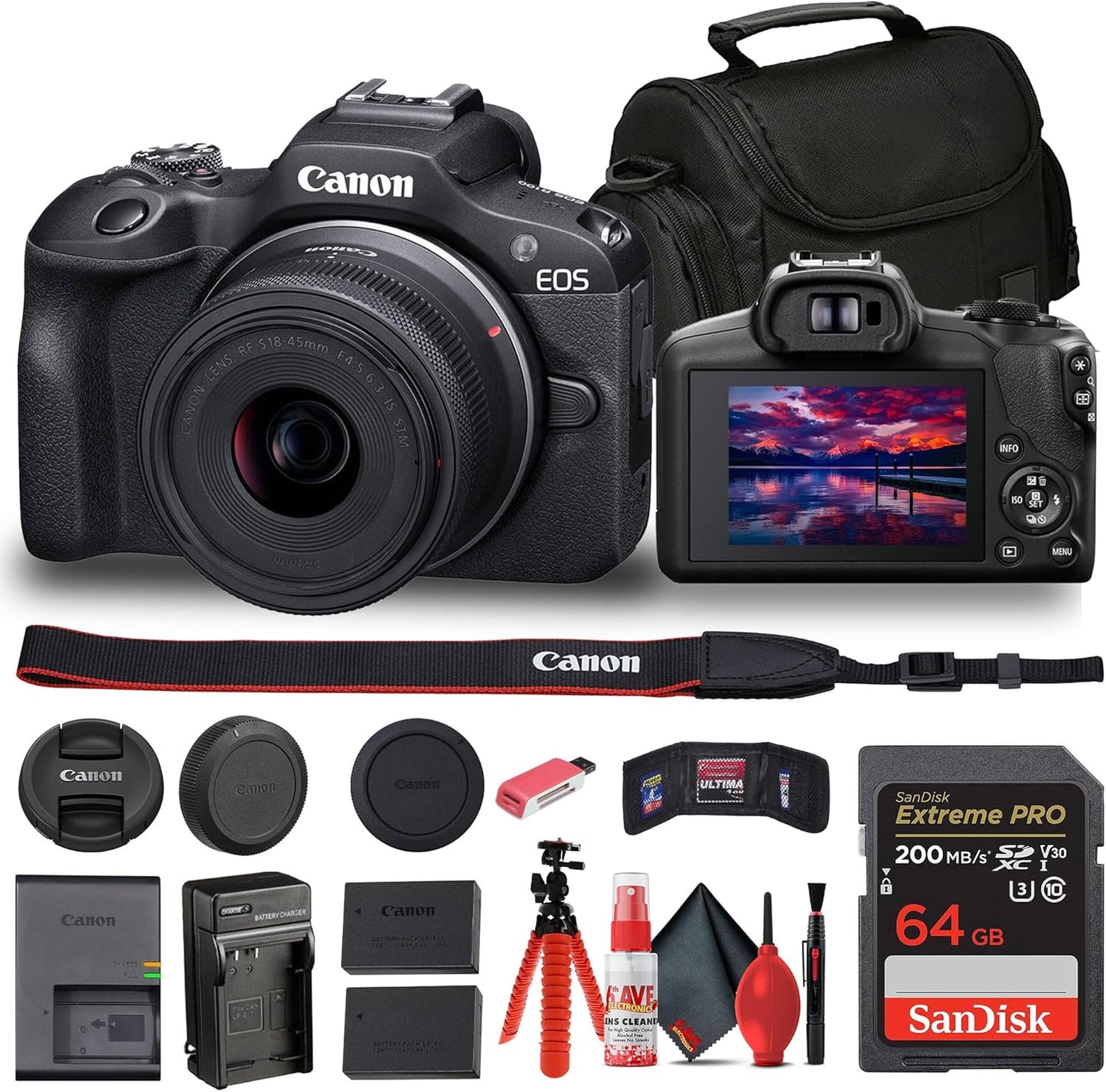 Canon EOS R100 Mirrorless Camera with 18-45mm Lens and More