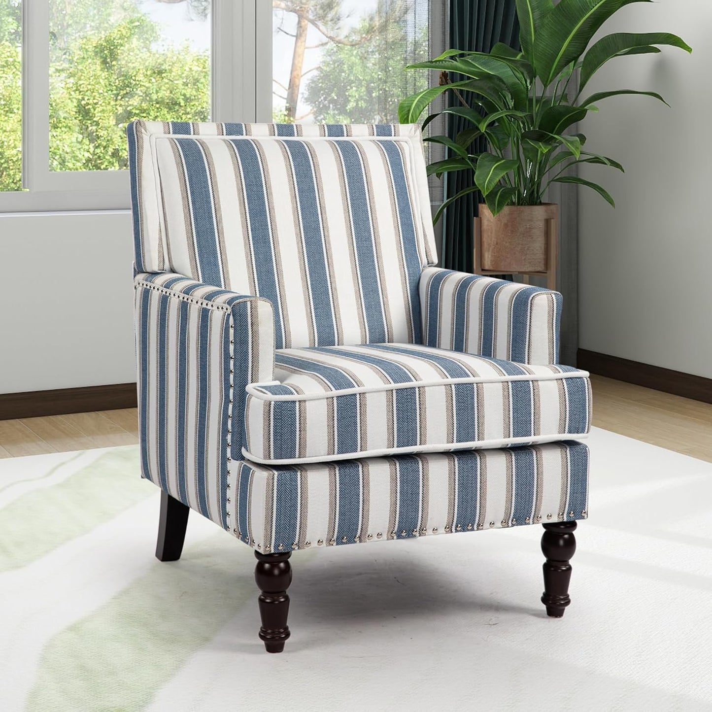Modern Mid-Century Blue Stripe Accent Chair - WakeZero