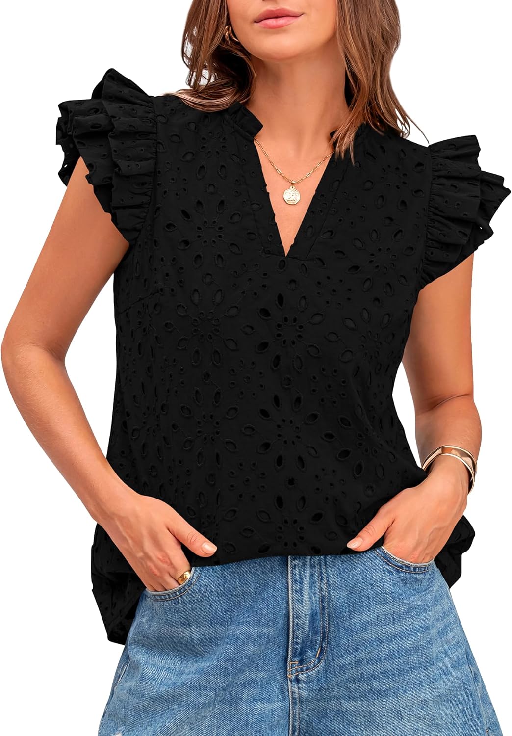 BTFBM Women Summer Eyelet Tops for Dressy Casual Outfits