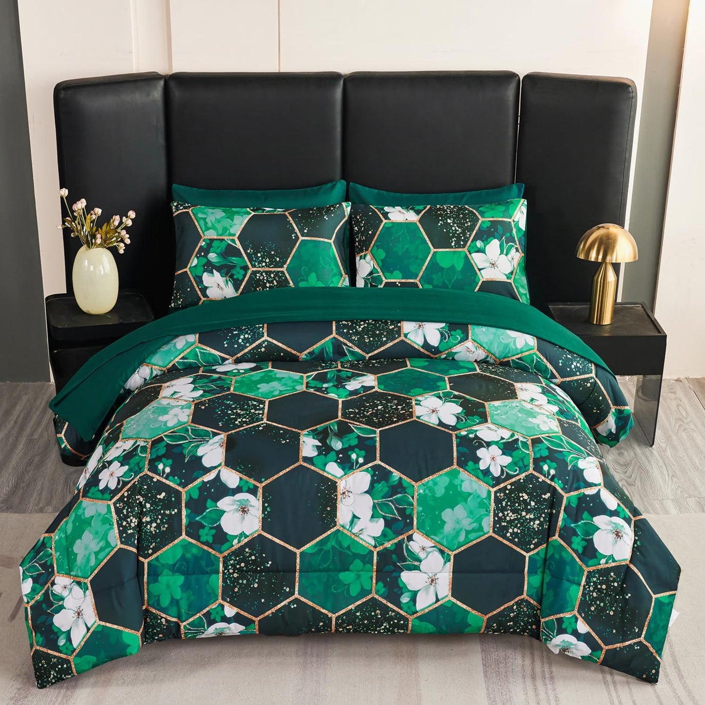 ANGIUIN Emerald Green Queen Size Comforter Set with Floral Design