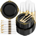 Black and Gold Disposable Plates 350pc Set - Elegant Party Dinnerware