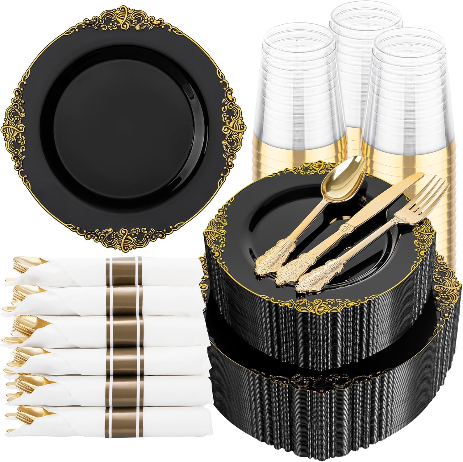Hioasis 350pcs Black and Gold Plastic Plates for 50 Guests