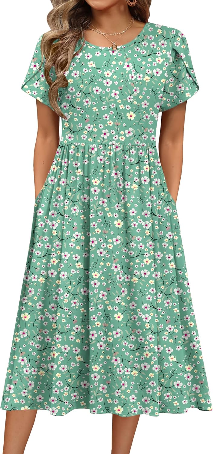 HOTOUCH Women's Summer Short Sleeve A-Line Midi Dress with Pockets