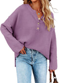 Oversized V Neck Button Henley Sweater - Cozy Loose Knit Pullover