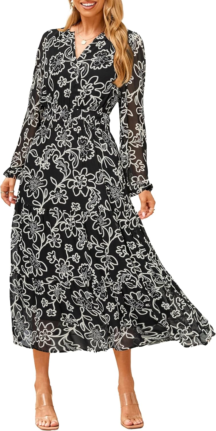 Simplee Women's Floral Boho Long Sleeve Maxi Dress for Weddings