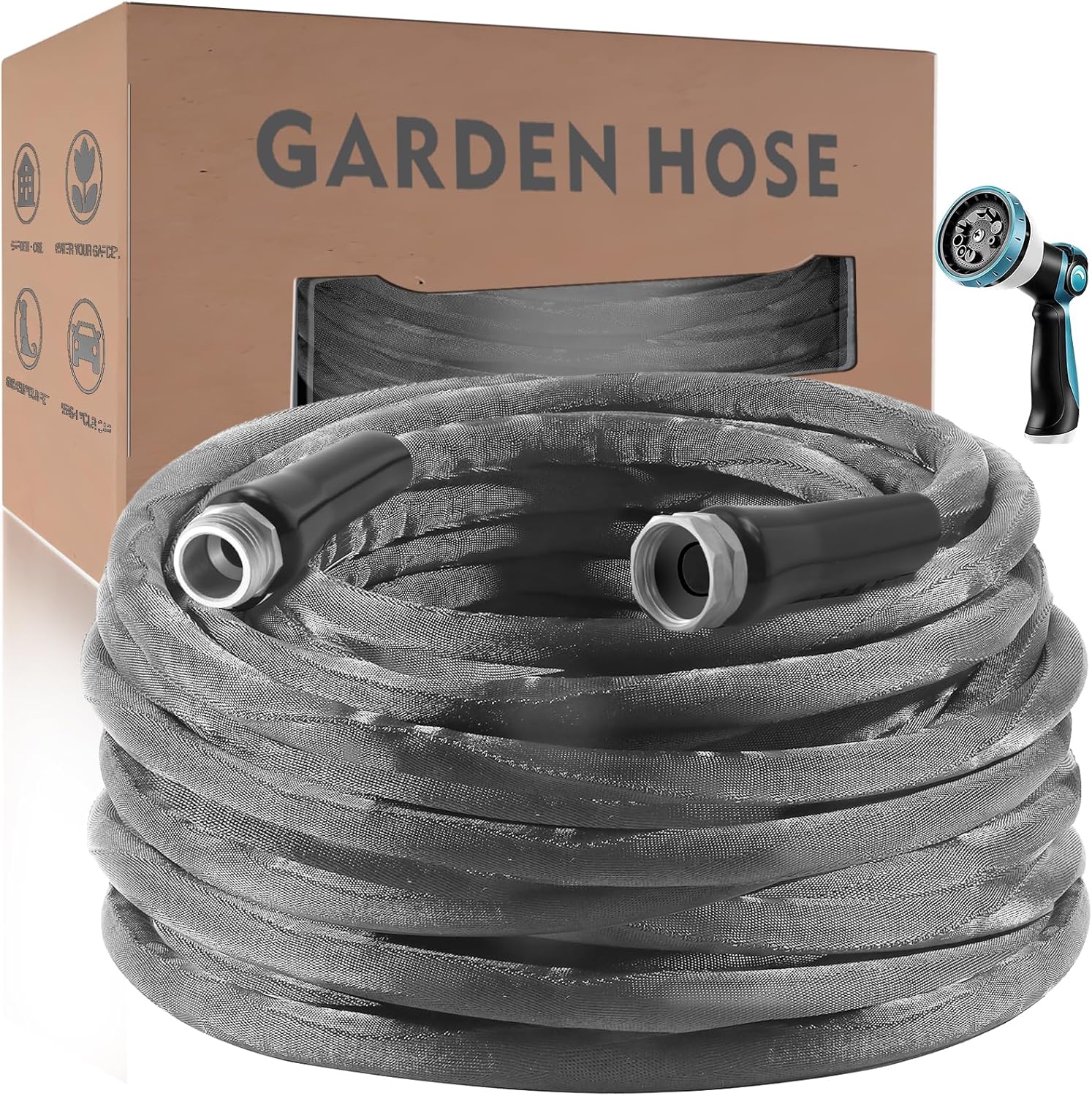 Non-Expanding Garden Hose 100ft with 10-Function Spray Nozzle