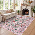 Pink Floral 5x7 Area Rug - Washable Non-Slip Boho Accent Rug