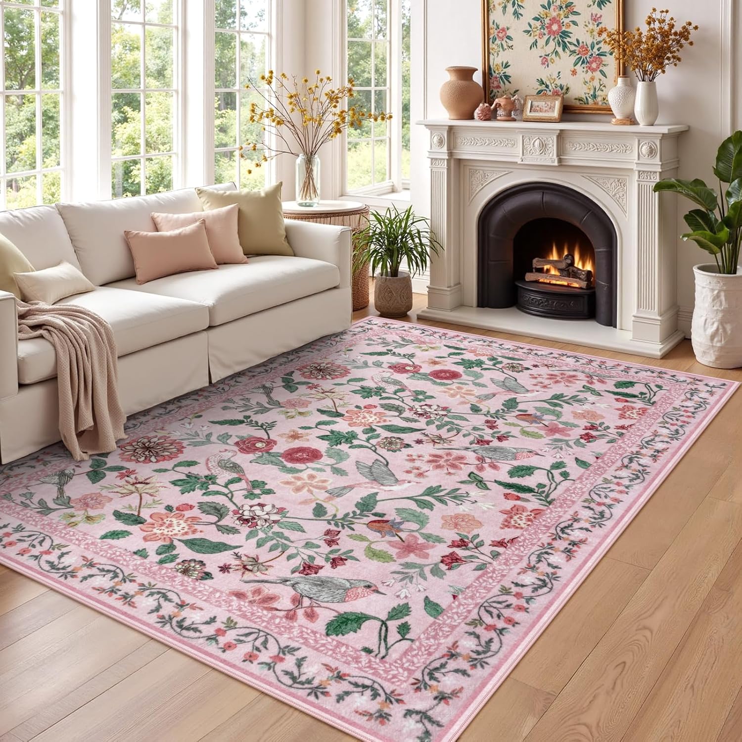 Pink Floral 5x7 Area Rug for Living Room and Bedroom Decor