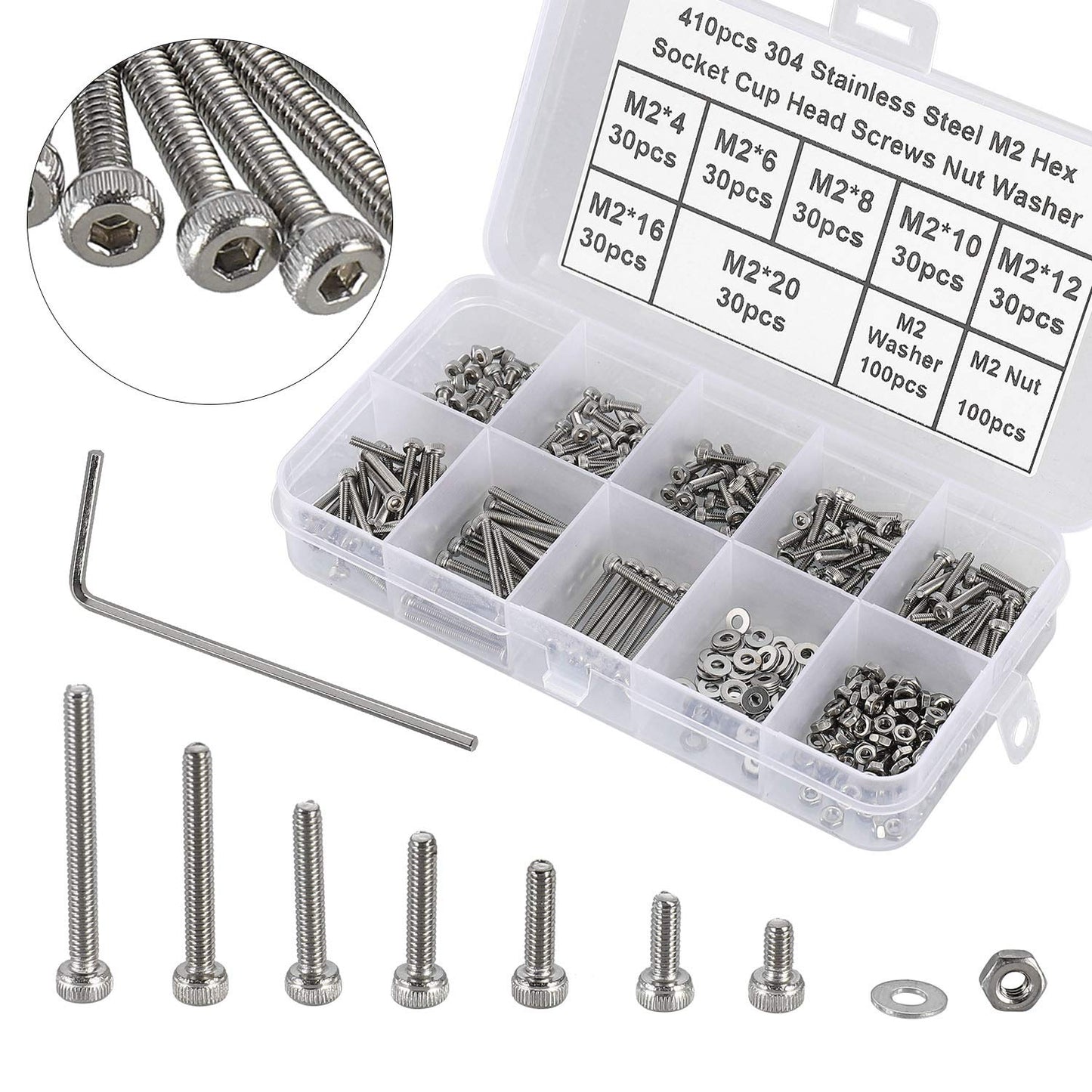 410Pcs Stainless Steel Micro Hex Screws Kit, M2 Sizes with Nuts & Washers - HanTof