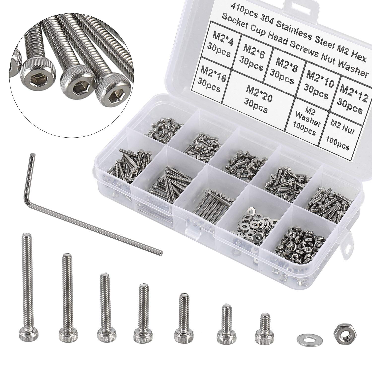 410Pcs Stainless Steel Micro Hex Screws Kit, M2 Sizes with Nuts & Washers - HanTof