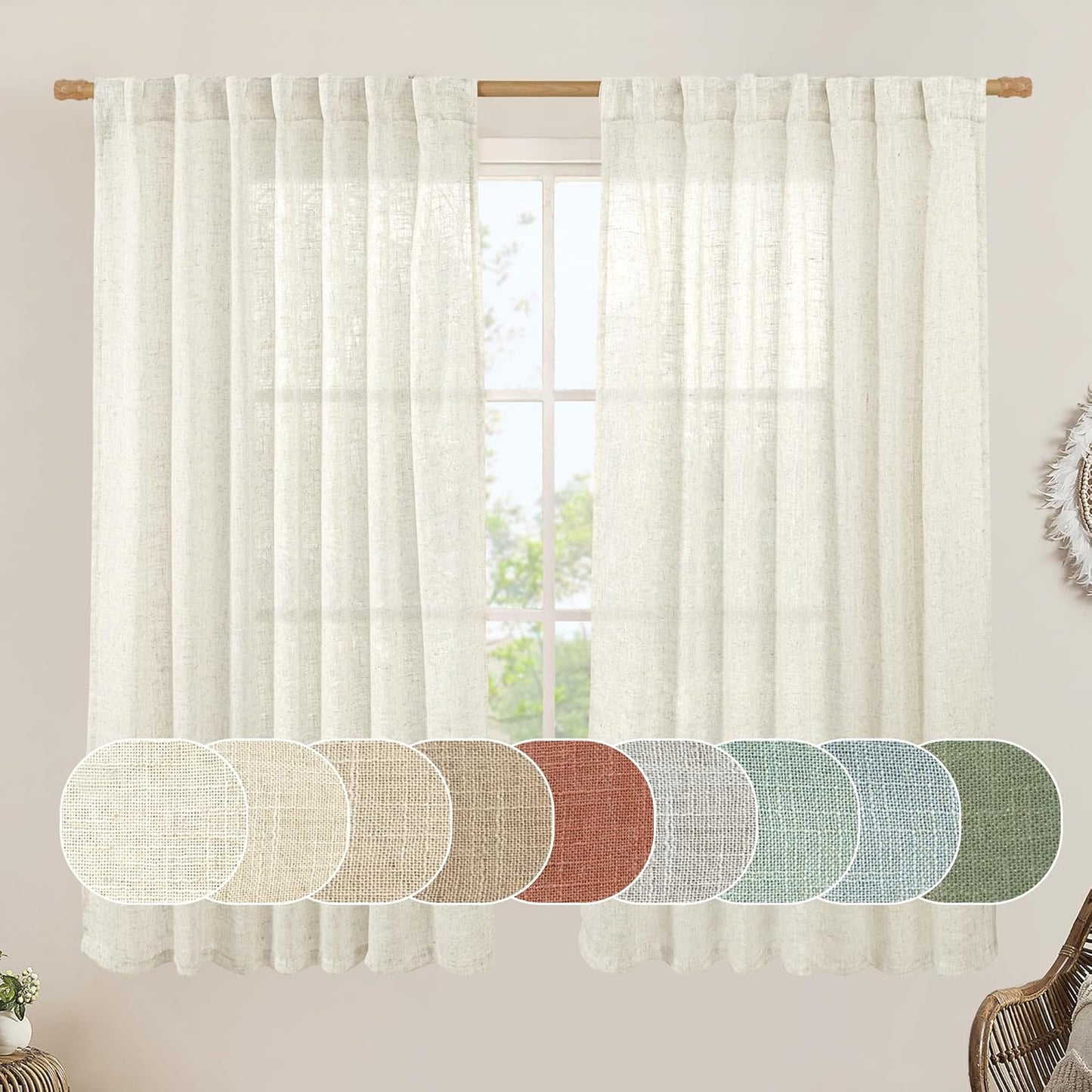 60 Inch Wide Linen Curtains for Bedroom, Ivory Cream Light Filtering
