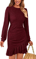 Women's Ruched Bodycon Mini Dress - Puff Sleeve Ruffle Fit