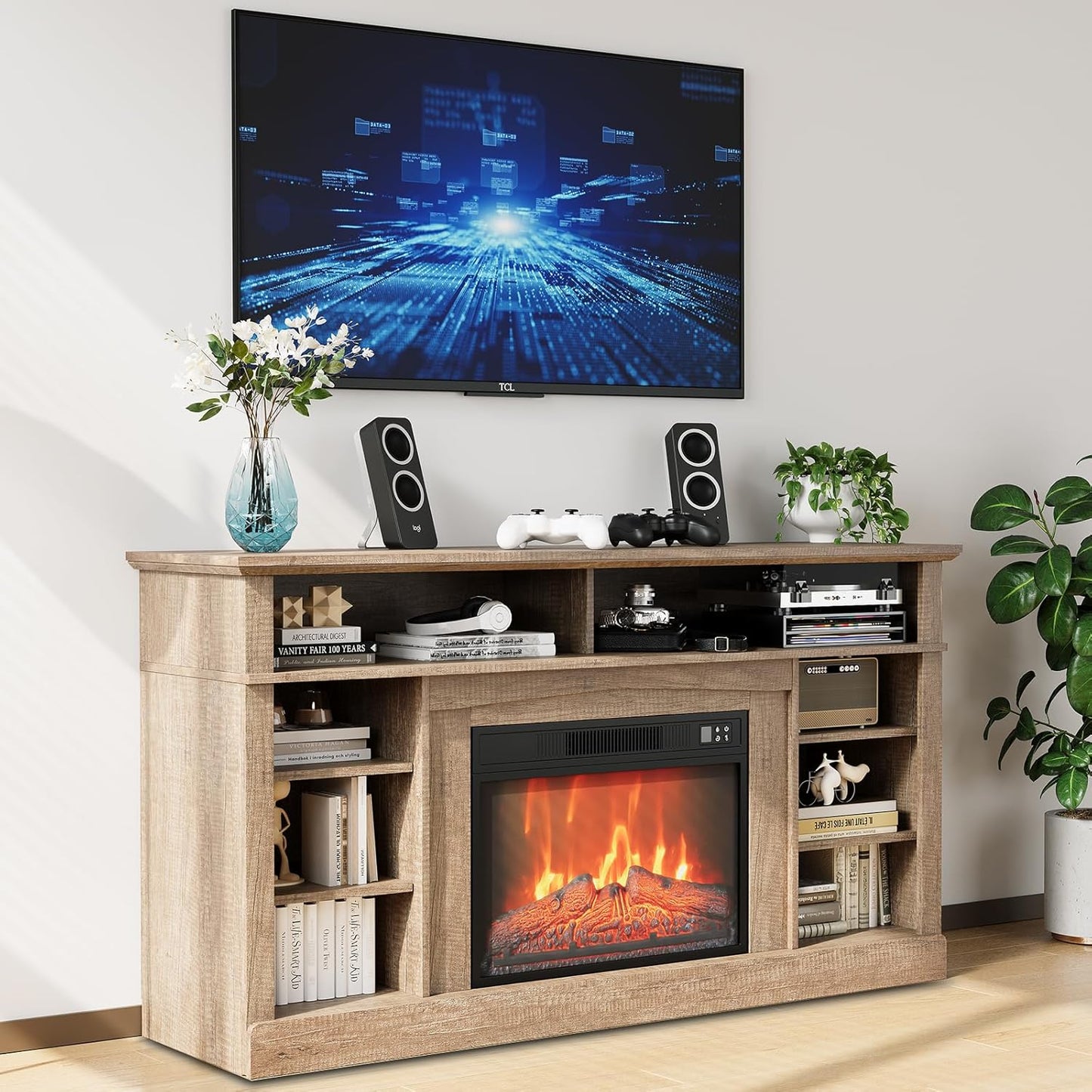 Modern Wood Fireplace TV Stand, 23 Electric Fire & Remote, Entertainment Center - Fits TVs Up to 65