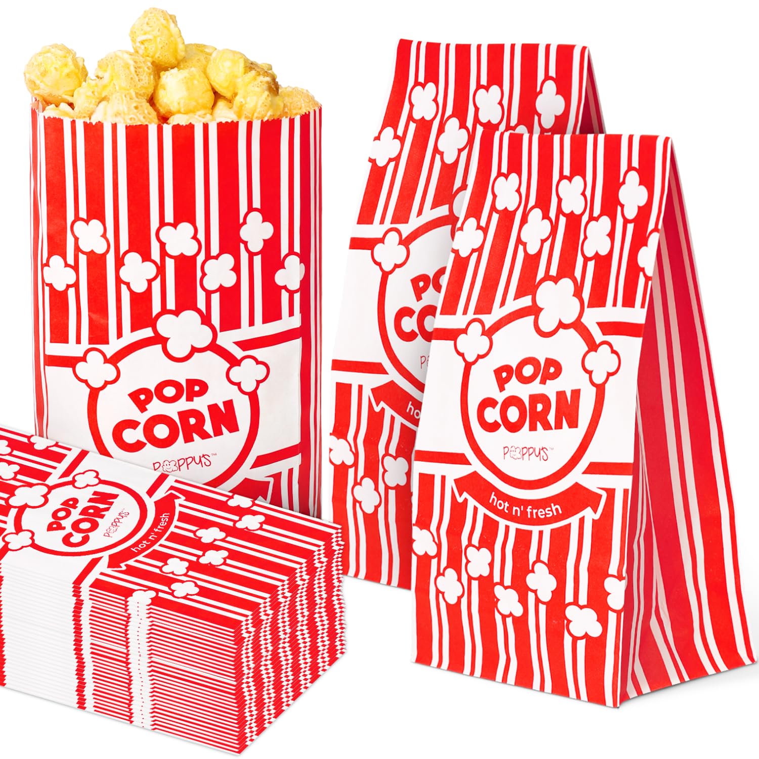 Poppy's Flat Bottom Paper Popcorn Bags for Movie Nights & Events