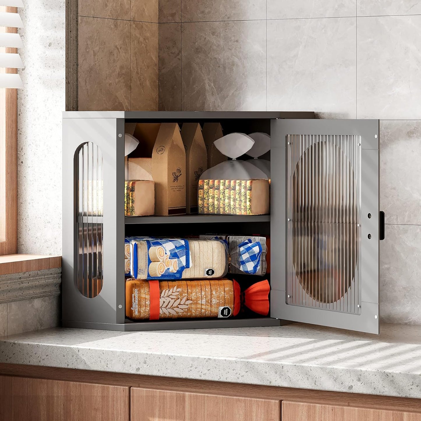 Corner Bread Box with Adjustable Shelf for Kitchen Storage