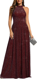 Ever-Pretty Sexy Halter Sleeveless Pleated Floor Length Glitter