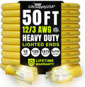 50ft Yellow 12/3 Heavy Duty Extension Cord - Lighted End for Safety