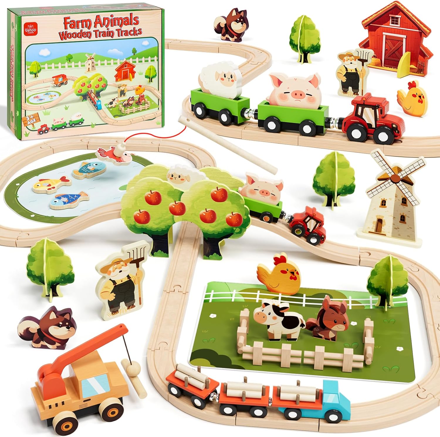 Lehoo Castle Wooden Train Set for Toddlers 2-4 Years Old