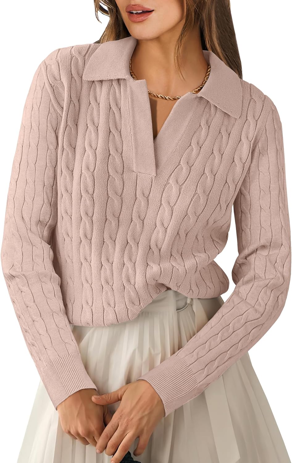 Womens Cable Knit Sweaters Long Sleeve V Neck Casual Tops