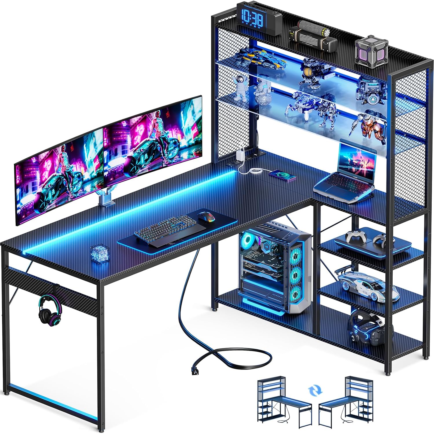 Reversible Gaming Desk with Power Outlet & LED Lights