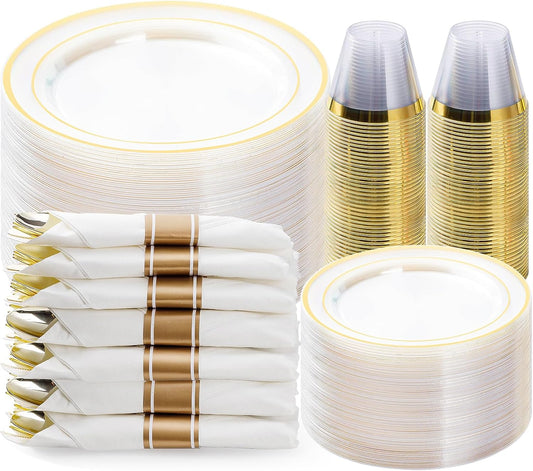 350PCS Clear Gold Plastic Dinnerware Set for Elegant Events