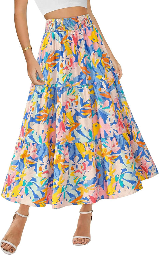 BTFBM Floral Print Maxi Skirt for Women - Boho A-Line Style