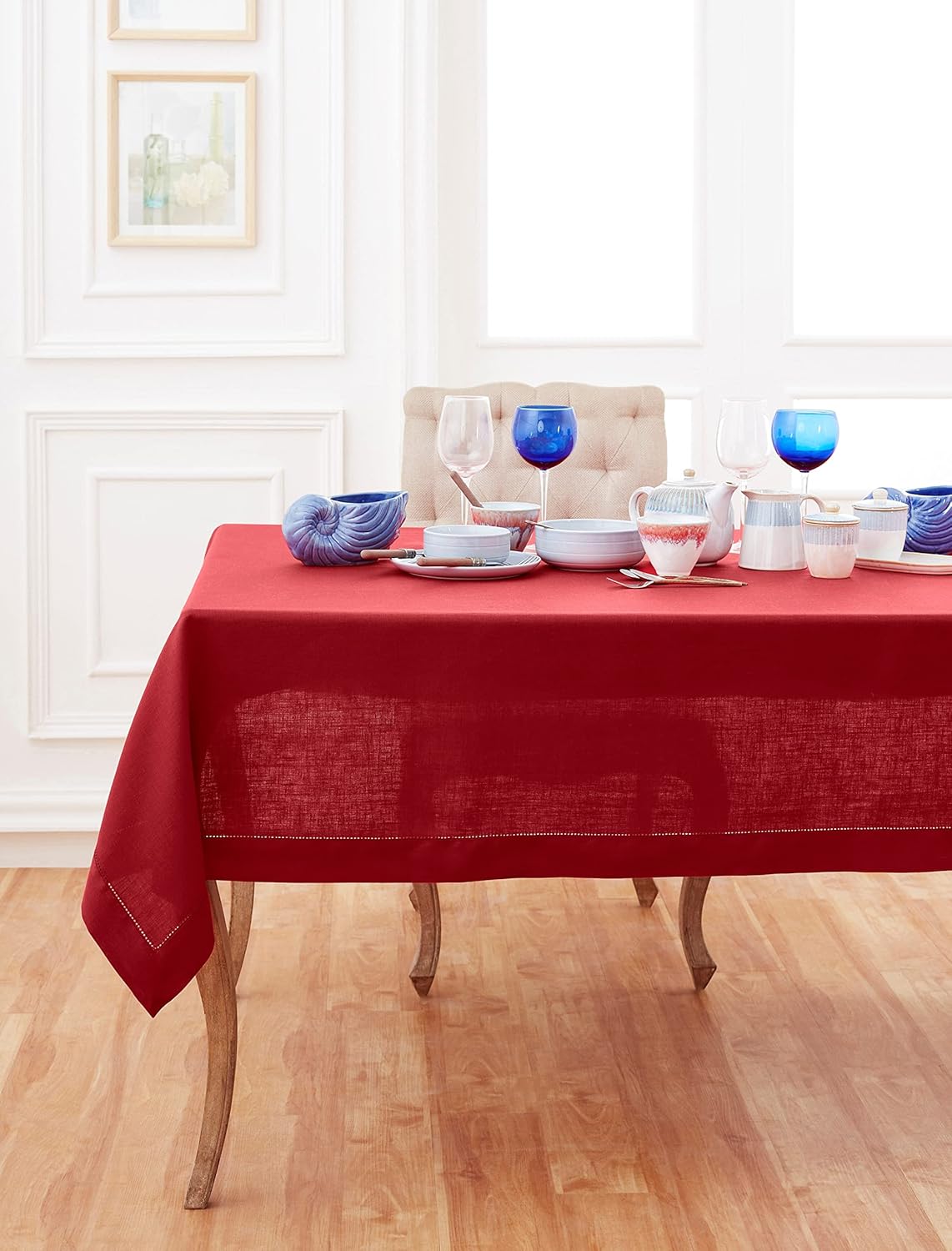 Classic Hemstitch Red Tablecloth 60 x 90 Inch for Holidays
