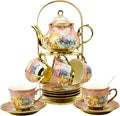 20 Pieces Porcelain Tea Set With Metal Holder - Large Floral Yellow