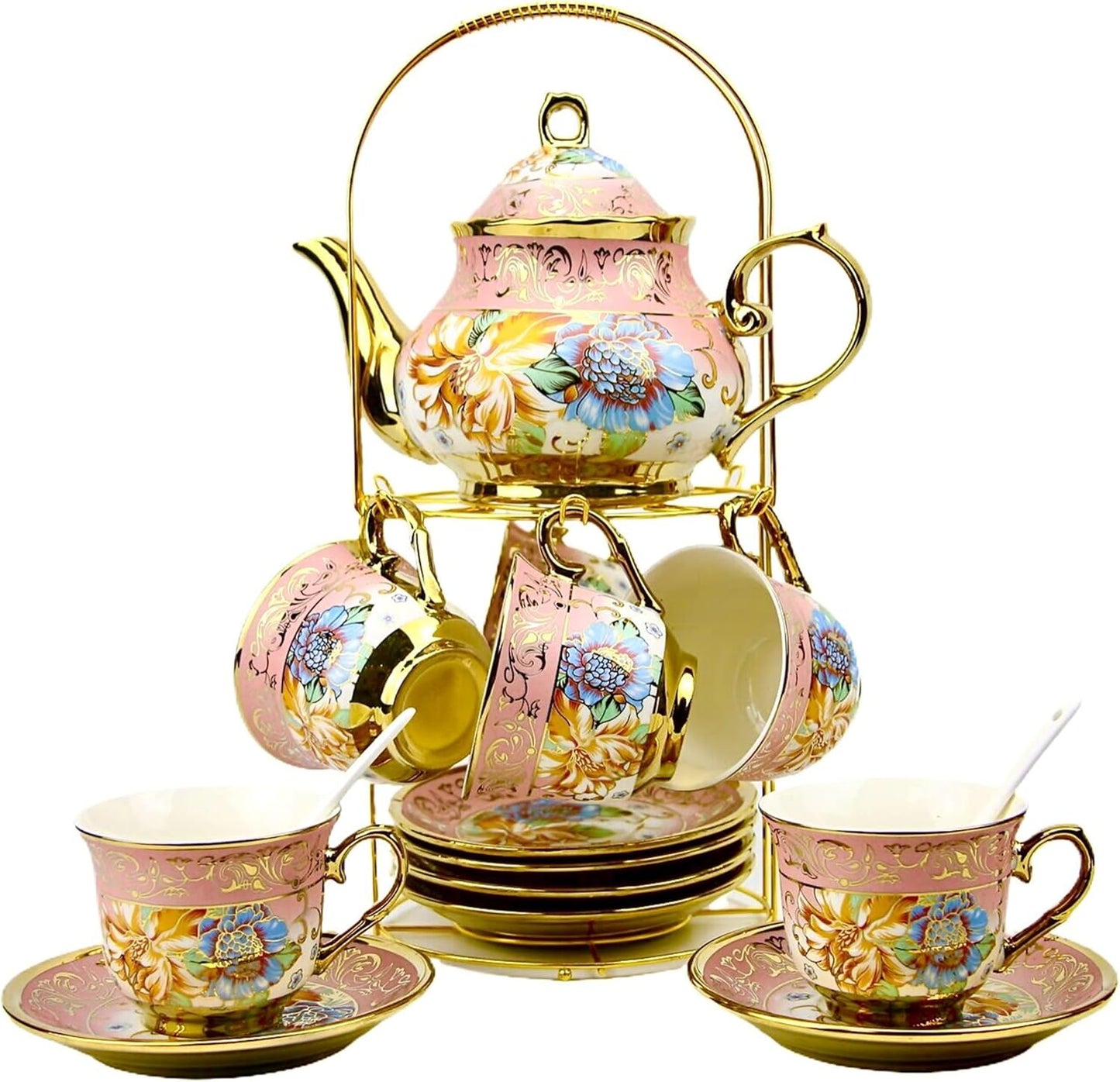 20 Pieces Porcelain Tea Set With Metal Holder for Elegant Tea Time