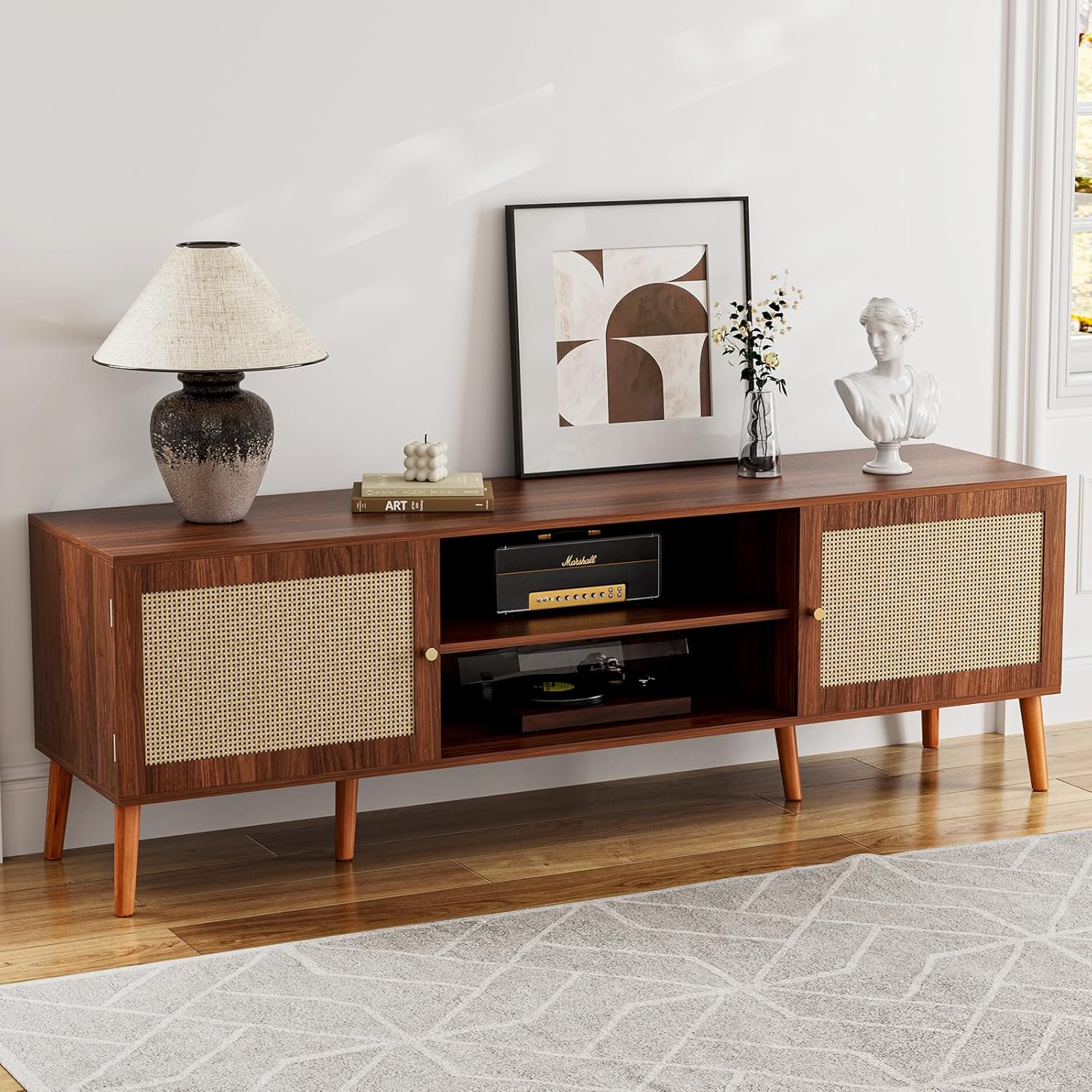 Boho Chic TV Stand for 65'' TVs, Rattan Doors, Shelves, Walnut