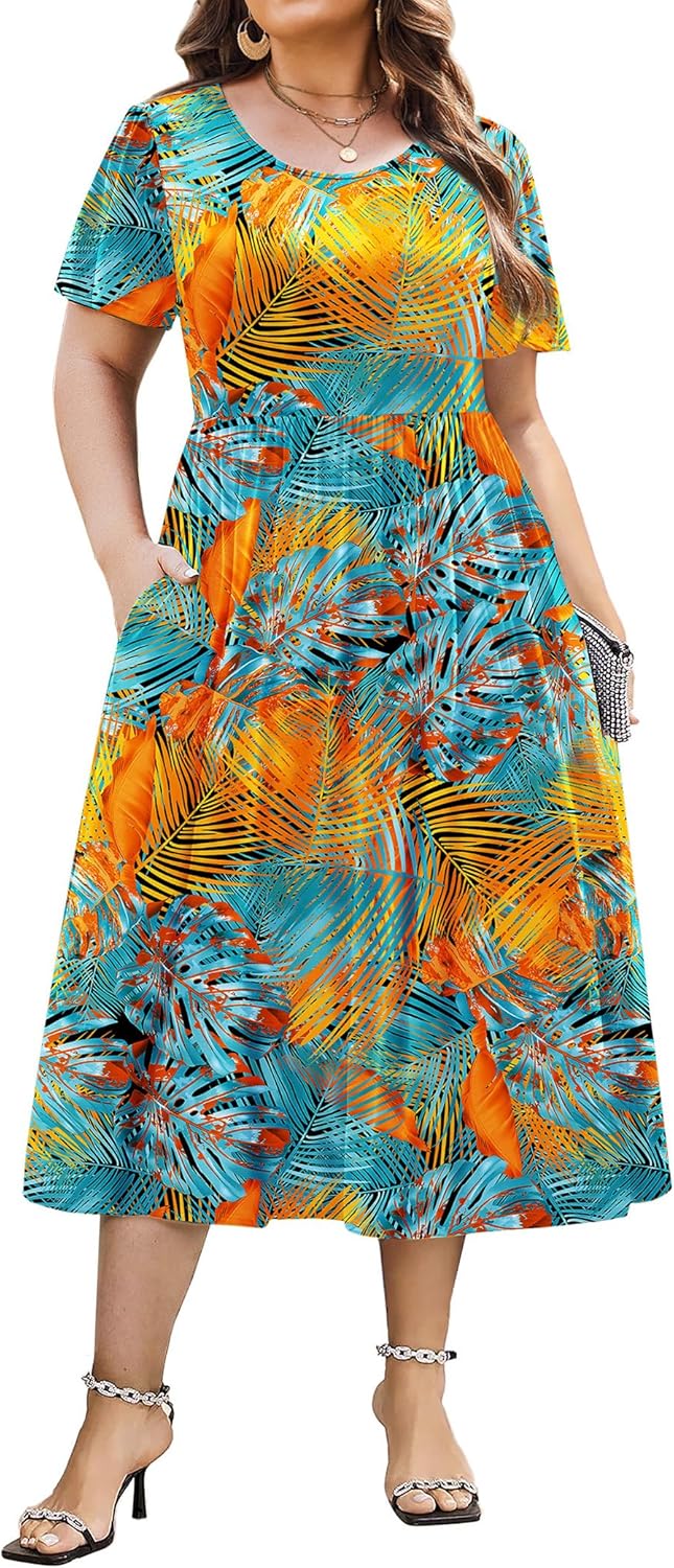Plus Size Short Sleeve A-Line Midi Dress with Pockets for Women