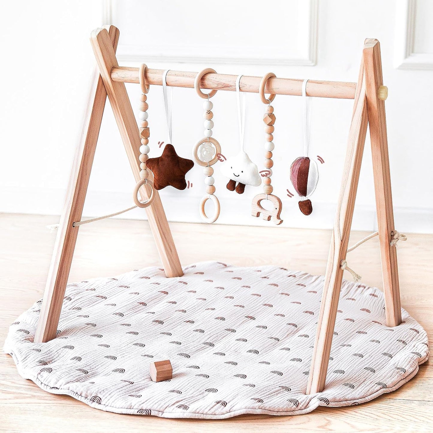 Wooden Baby Play Gym with Mat for Newborns - Portable Activity