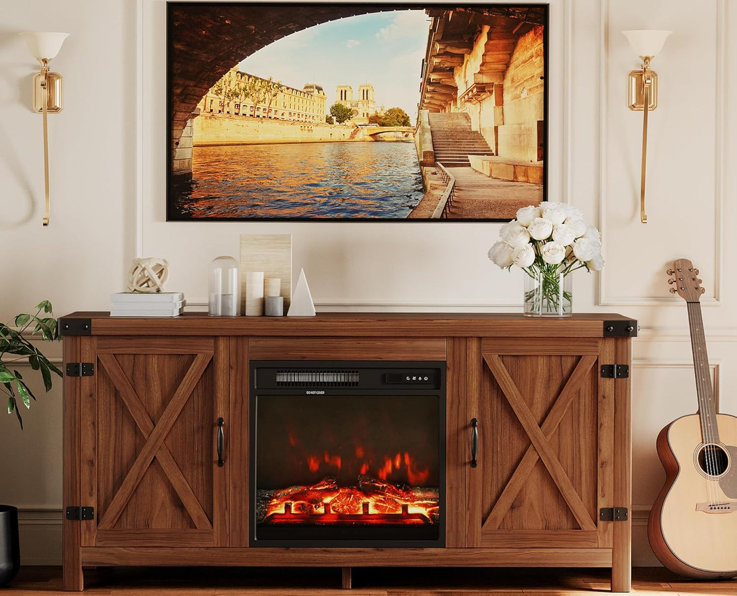 Farmhouse Fireplace TV Stand for TVs up to 65+ Inch