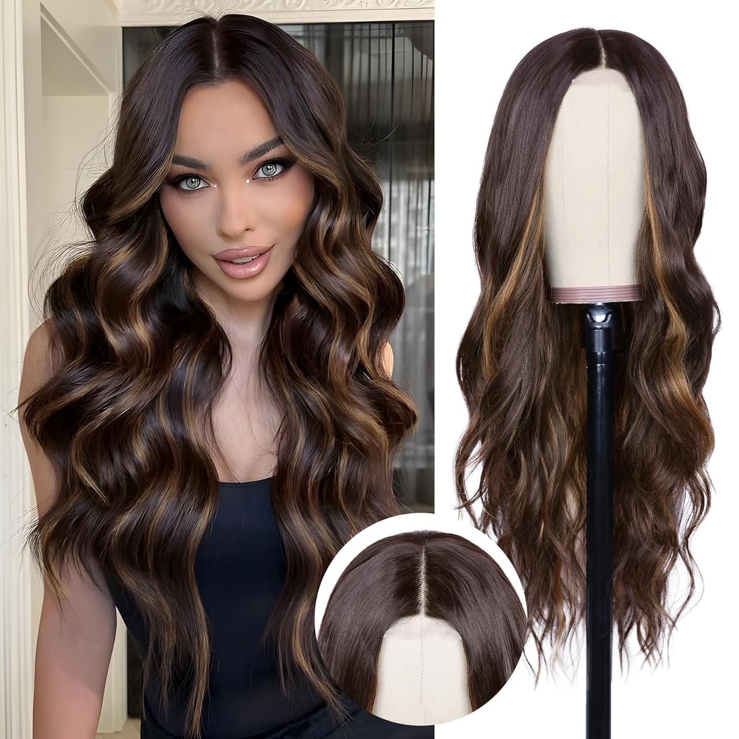 NAYOO Long Dark Brown Wavy Wig for Women - 26 Inch Style