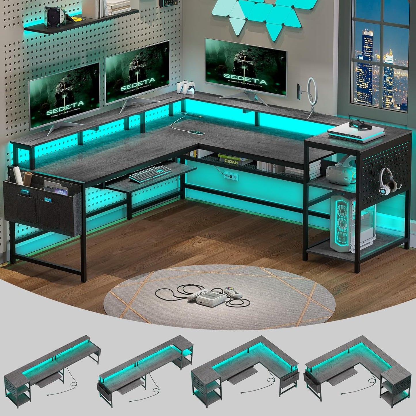 SEDETA 96 L-Shaped Gamer's Desk, Power Outlets, LED Strip