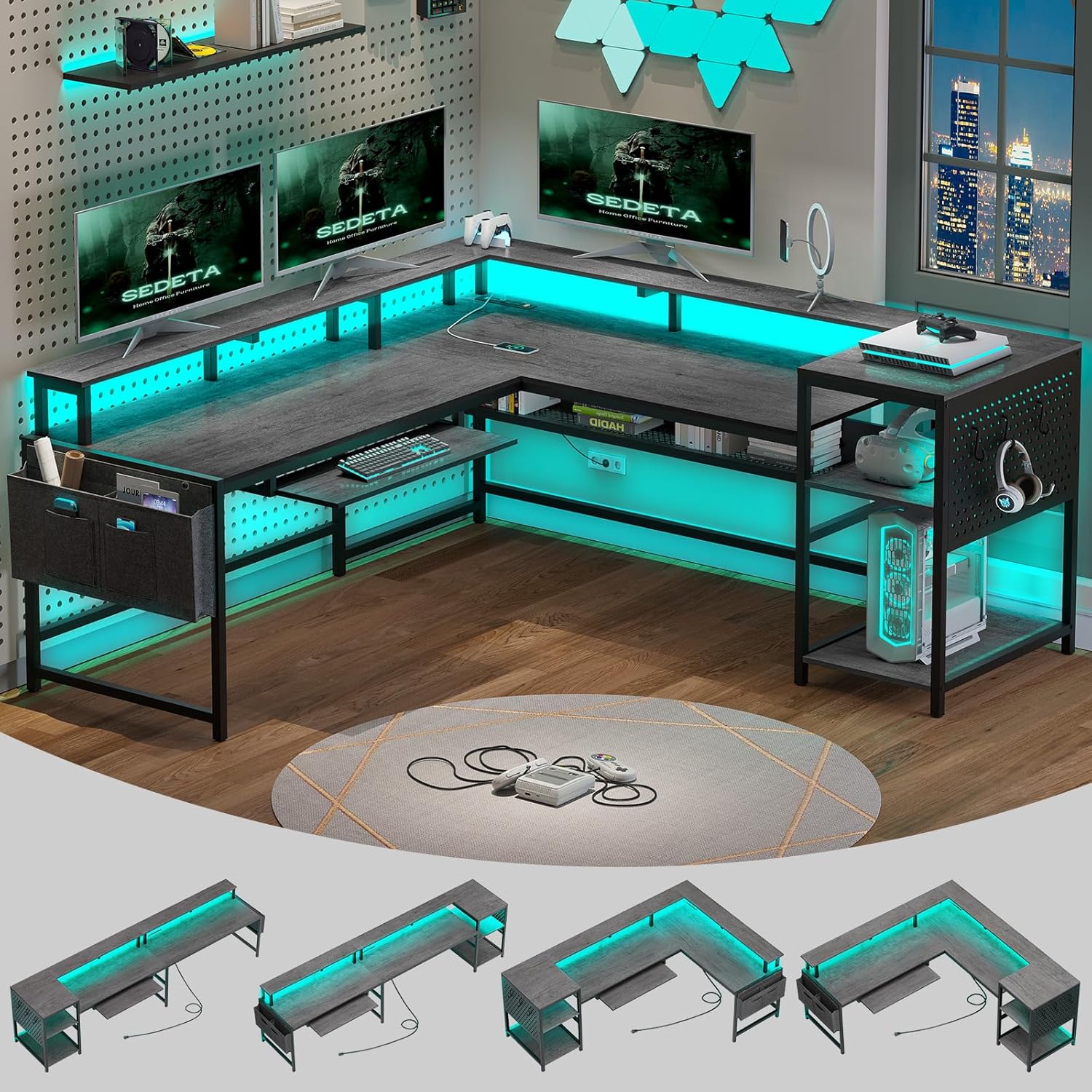 SEDETA 96 L-Shaped Gamer's Desk, Power Outlets, LED Strip