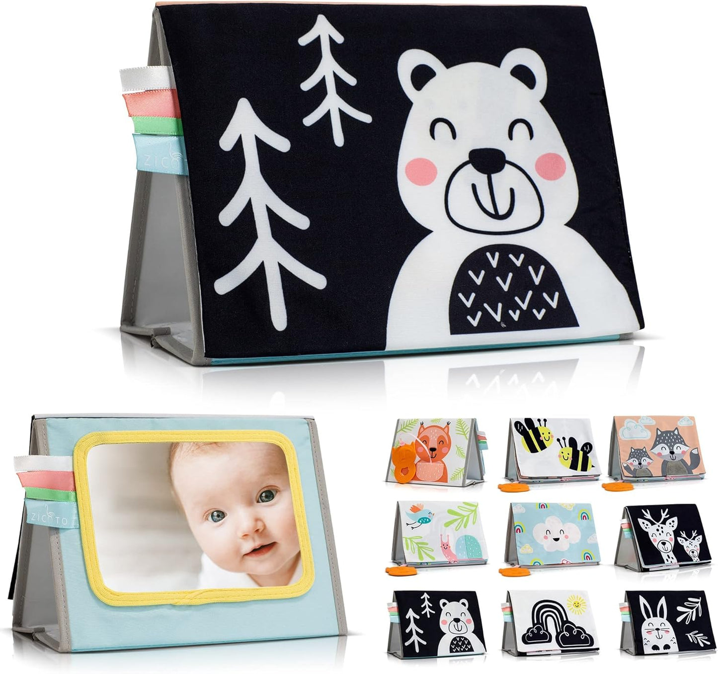 ZICOTO High Contrast Tummy Time Book with Mirror